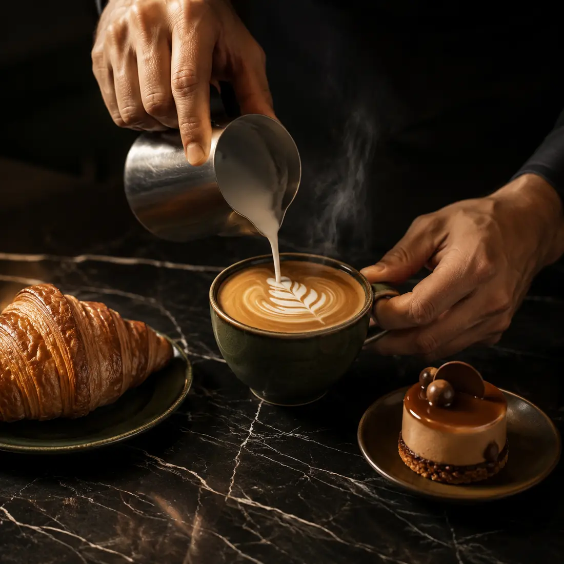 Barista finishing latte art beside an OLEN-style croissant and dessert